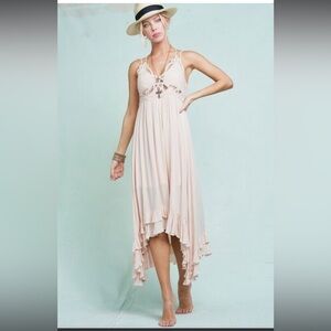 La Miel Boho Crochet Lace Trim Slip Tiered Hem Maxi Long Dress
